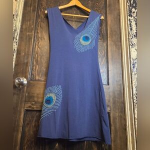 Synergy Organic Clothing Blue Mini Dress with Peacock Design